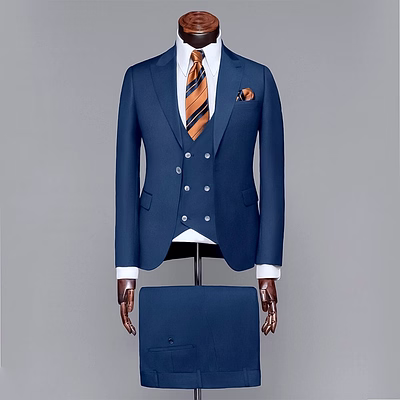 Men’s Classic Navy Blue 3-Piece Slim Fit Suit with Double-Breasted Waistcoat